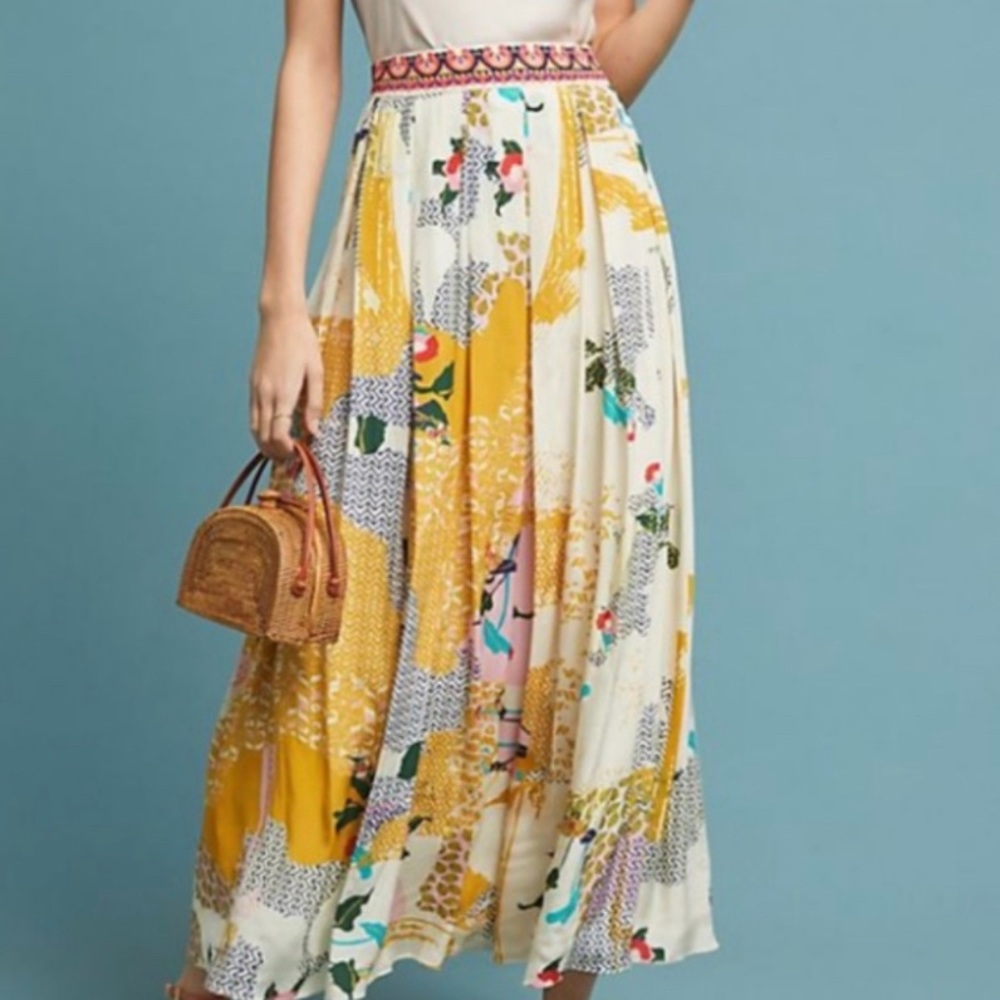 Anthropologie Yellow and Cream Patterned Maxi Skirt